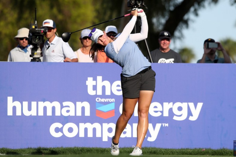 Jennifer Kupcho tees off on the 16th hole on the Dinah Shore Tournament Course during round three of the Chevron Championship at Mission Hills Country Club in Rancho Mirage, Calif., on Saturday, April 2, 2022.

Chevron Championship 3rd Round744
