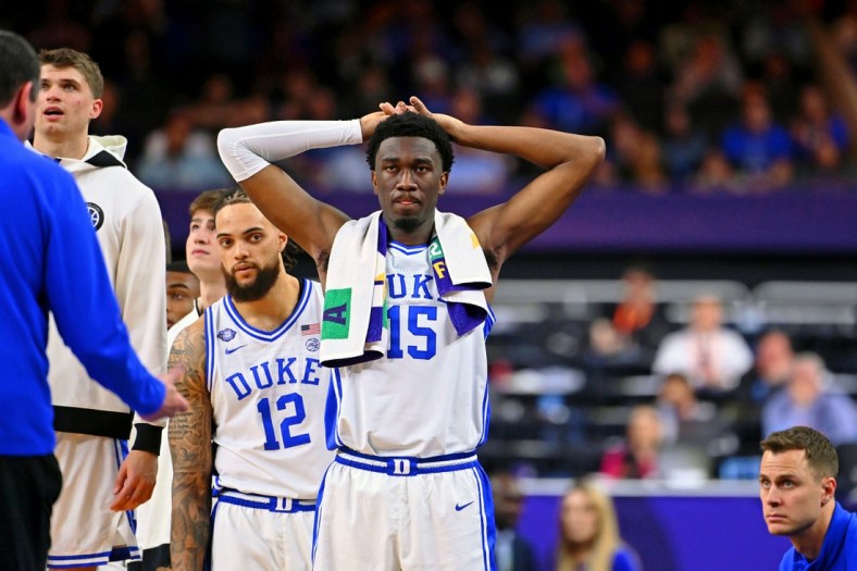 Apr 2, 2022; New Orleans, LA, USA; Duke Blue Devils center Mark Williams (15) and the bench reacts after a play against the North Carolina Tar Heels during the second half during the 2022 NCAA men's basketball tournament Final Four semifinals at Caesars Superdome. Mandatory Credit: Bob Donnan-USA TODAY Sports