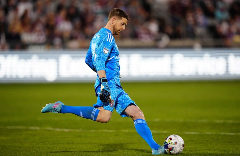 Apr 2, 2022; Commerce City, Colorado, USA; Real Salt Lake goalkeeper Zac MacMath (18) during the first half against the Colorado Rapids at Dick's Sporting Goods Park. Mandatory Credit: Ron Chenoy-USA TODAY Sports
