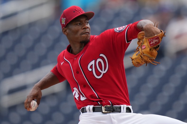 Apr 3, 2022; West Palm Beach, Florida, USA; Washington Nationals starting pitcher Josiah Gray (40) delivers a pitch in the first inning of the spring training game against the Houston Astros at The Ballpark of the Palm Beaches. Mandatory Credit: Jasen Vinlove-USA TODAY Sports