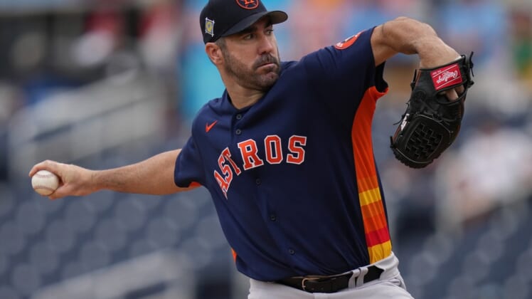 Apr 3, 2022; West Palm Beach, Florida, USA; Houston Astros starting pitcher Justin Verlander (35) delivers a pitch in the first inning of the spring training game against the Washington Nationals at The Ballpark of the Palm Beaches. Mandatory Credit: Jasen Vinlove-USA TODAY Sports
