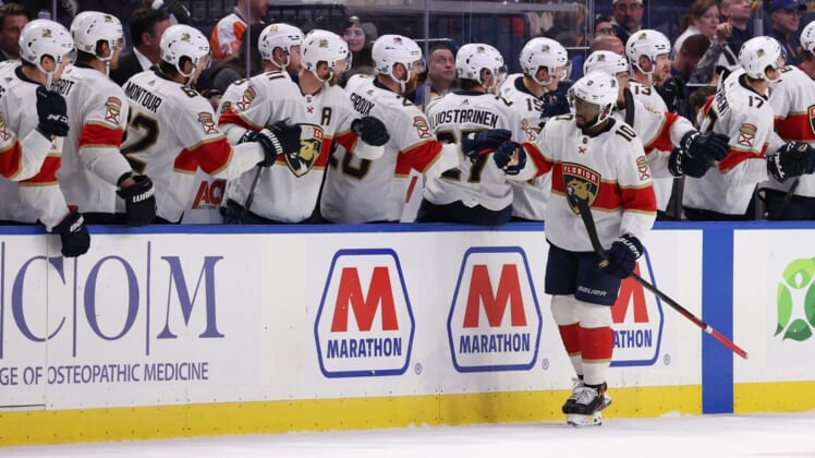 Apr 3, 2022; Buffalo, New York, USA;  Florida Panthers left wing Anthony Duclair (10) celebrates his goal with teammates during the second period against the Buffalo Sabres at KeyBank Center. Mandatory Credit: Timothy T. Ludwig-USA TODAY Sports