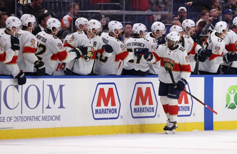 Apr 3, 2022; Buffalo, New York, USA;  Florida Panthers left wing Anthony Duclair (10) celebrates his goal with teammates during the second period against the Buffalo Sabres at KeyBank Center. Mandatory Credit: Timothy T. Ludwig-USA TODAY Sports