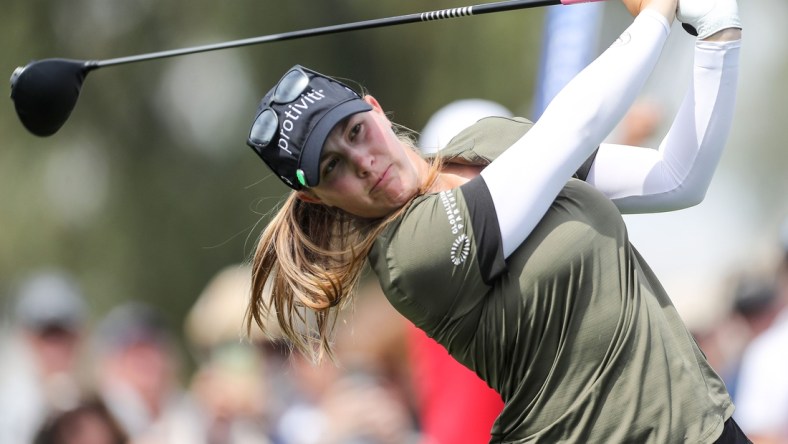 Jennifer Kupcho tees off on the 2nd hole during the final round of the Chevron Championship at Mission Hills Country Club in Rancho Mirage, Calif., April 3, 2022.

Chevron Championship Sunday 2