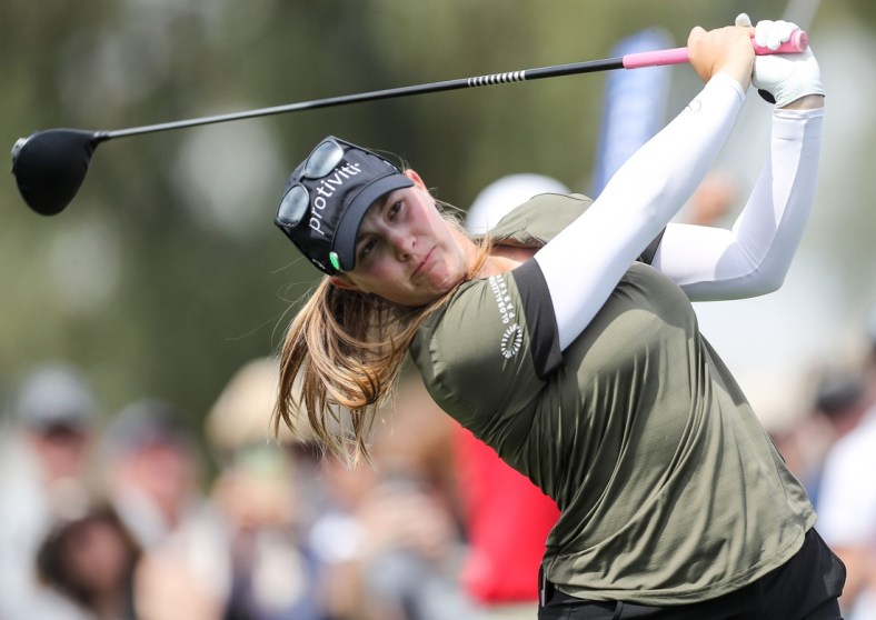 Jennifer Kupcho tees off on the 2nd hole during the final round of the Chevron Championship at Mission Hills Country Club in Rancho Mirage, Calif., April 3, 2022.

Chevron Championship Sunday 2