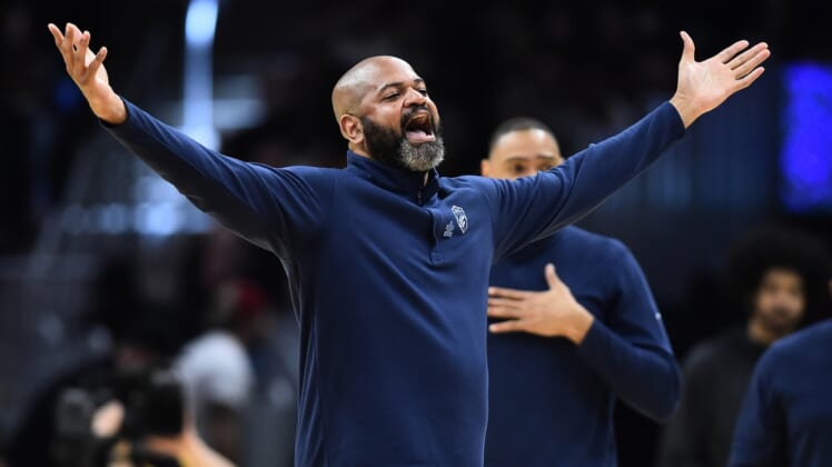 Apr 3, 2022; Cleveland, Ohio, USA; Cleveland Cavaliers head coach J.B. Bickerstaff argues a call during the first half against the Philadelphia 76ers at Rocket Mortgage FieldHouse. Mandatory Credit: Ken Blaze-USA TODAY Sports