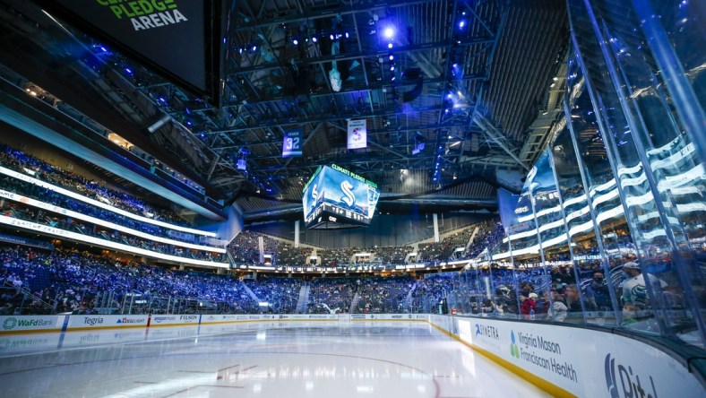 Apr 3, 2022; Seattle, Washington, USA; General view of Climate Pledge Arena before a game between the Dallas Stars and Seattle Kraken. Mandatory Credit: Joe Nicholson-USA TODAY Sports