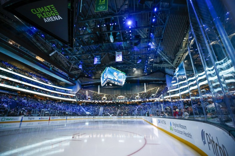 Apr 3, 2022; Seattle, Washington, USA; General view of Climate Pledge Arena before a game between the Dallas Stars and Seattle Kraken. Mandatory Credit: Joe Nicholson-USA TODAY Sports