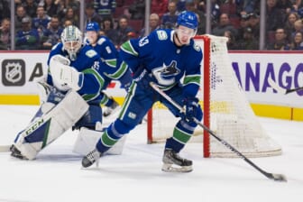 Apr 3, 2022; Vancouver, British Columbia, CAN; Vancouver Canucks goalie Thatcher Demko (35) looks on as defenseman Quinn Hughes (43)handles the puck against the Vegas Golden Knights in the third period at Rogers Arena. Vegas won 3-2 in overtime. Mandatory Credit: Bob Frid-USA TODAY Sports