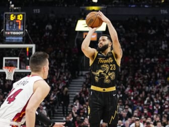 Apr 3, 2022; Toronto, Ontario, CAN; Toronto Raptors guard Fred VanVleet (23) shoots for three points against the Miami Heat during the second half at Scotiabank Arena. Mandatory Credit: John E. Sokolowski-USA TODAY Sports