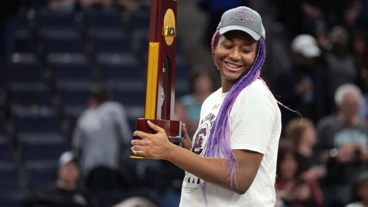 Apr 3, 2022; Minneapolis, MN, USA; South Carolina Gamecocks forward Aliyah Boston (4) celebrates the 64-49 victory over the UConn Huskies in the Final Four championship game of the women's college basketball NCAA Tournament at Target Center. Mandatory Credit: Kirby Lee-USA TODAY Sports