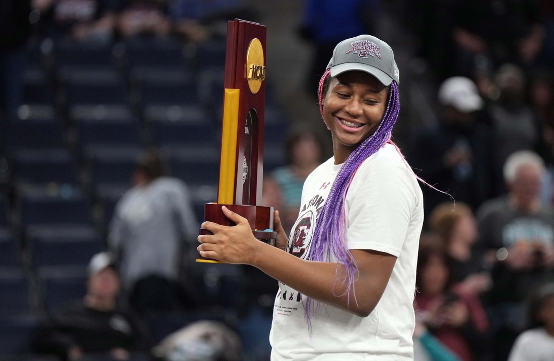 Apr 3, 2022; Minneapolis, MN, USA; South Carolina Gamecocks forward Aliyah Boston (4) celebrates the 64-49 victory over the UConn Huskies in the Final Four championship game of the women's college basketball NCAA Tournament at Target Center. Mandatory Credit: Kirby Lee-USA TODAY Sports