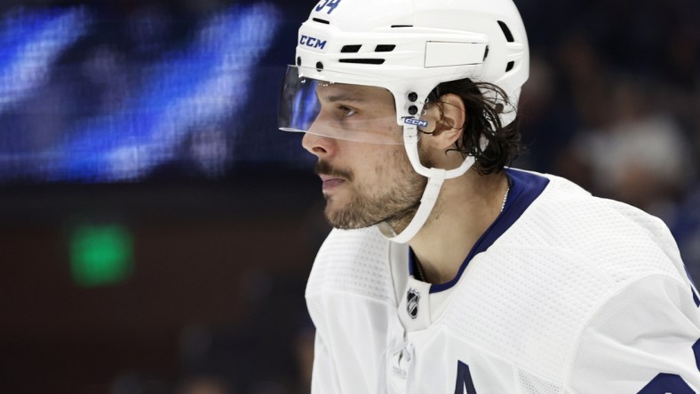 Apr 4, 2022; Tampa, Florida, USA; Toronto Maple Leafs center Auston Matthews (34) looks on against the Tampa Bay Lightning during the second period at Amalie Arena. Mandatory Credit: Kim Klement-USA TODAY Sports