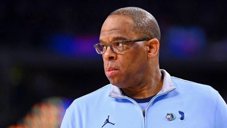 Apr 4, 2022; New Orleans, LA, USA; North Carolina Tar Heels head coach Hubert Davis looks on during the first half of the game against the Kansas Jayhawks during the 2022 NCAA men's basketball tournament Final Four championship game at Caesars Superdome. Mandatory Credit: Bob Donnan-USA TODAY Sports