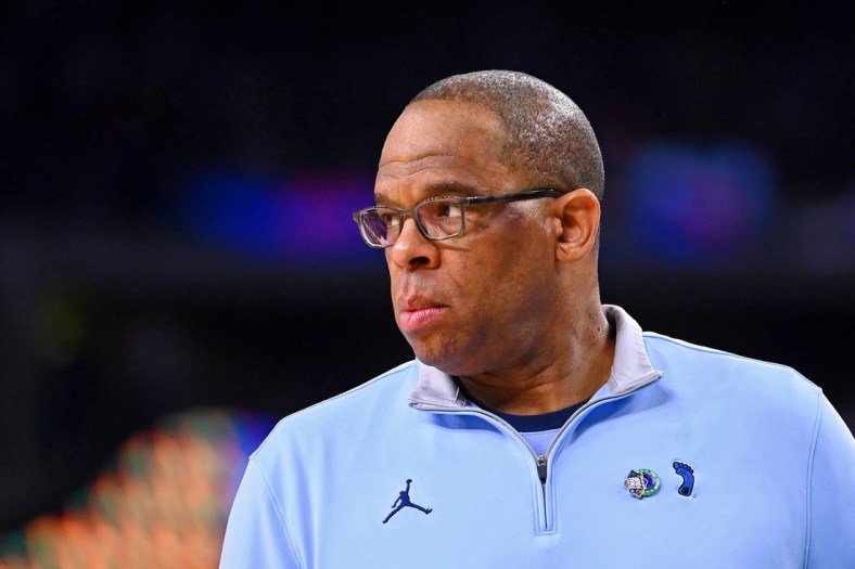 Apr 4, 2022; New Orleans, LA, USA; North Carolina Tar Heels head coach Hubert Davis looks on during the first half of the game against the Kansas Jayhawks during the 2022 NCAA men's basketball tournament Final Four championship game at Caesars Superdome. Mandatory Credit: Bob Donnan-USA TODAY Sports