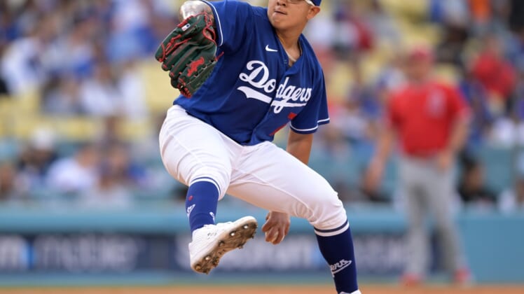 Apr 4, 2022; Los Angeles, California, USA;  Los Angeles Dodgers starting pitcher Julio Urias (7) in the first inning against the Los Angeles Angels at Dodger Stadium. Mandatory Credit: Jayne Kamin-Oncea-USA TODAY Sports