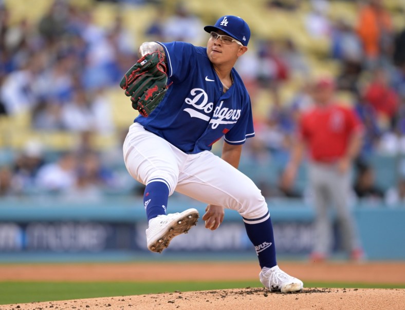 Apr 4, 2022; Los Angeles, California, USA;  Los Angeles Dodgers starting pitcher Julio Urias (7) in the first inning against the Los Angeles Angels at Dodger Stadium. Mandatory Credit: Jayne Kamin-Oncea-USA TODAY Sports