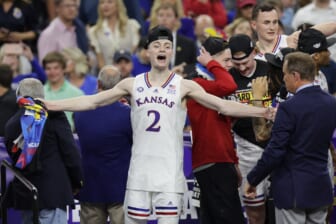 Apr 4, 2022; New Orleans, LA, USA; Kansas Jayhawks guard Christian Braun (2) reacts after defeating the North Carolina Tar Heels during the 2022 NCAA men's basketball tournament Final Four championship game at Caesars Superdome. Mandatory Credit: Stephen Lew-USA TODAY Sports