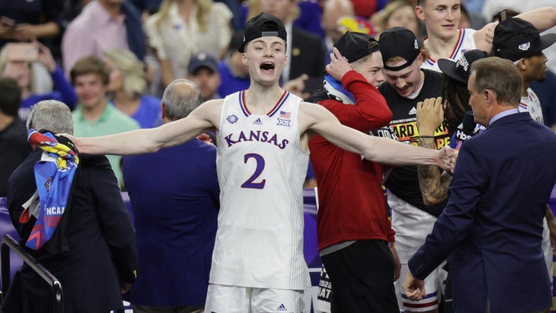 Apr 4, 2022; New Orleans, LA, USA; Kansas Jayhawks guard Christian Braun (2) reacts after defeating the North Carolina Tar Heels during the 2022 NCAA men's basketball tournament Final Four championship game at Caesars Superdome. Mandatory Credit: Stephen Lew-USA TODAY Sports