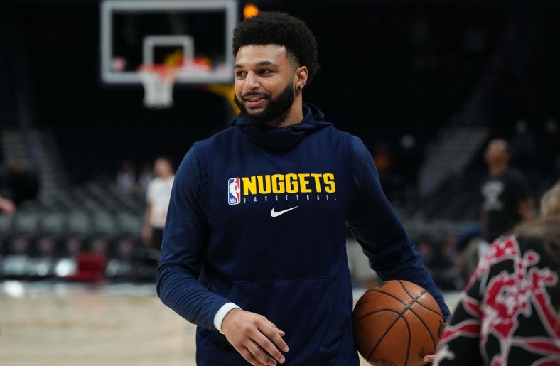 Apr 5, 2022; Denver, Colorado, USA; Denver Nuggets guard Jamal Murray (27) before the game against the San Antonio Spurs at Ball Arena. Mandatory Credit: Ron Chenoy-USA TODAY Sports