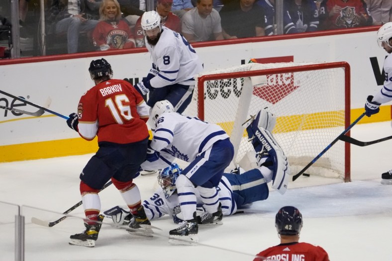 Apr 5, 2022; Sunrise, Florida, USA; Florida Panthers center Aleksander Barkov (16) scores a goal against the Toronto Maple Leafs during the third period at FLA Live Arena. Mandatory Credit: Jasen Vinlove-USA TODAY Sports