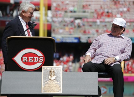 Cincinnati Reds president Bob Castellini and 2016 Reds Hall of Fame inductee Pete Rose share a laugh during pregame ceremonies before the MLB game between the San Diego Padres and Cincinnati Reds, Saturday, June 25, 2016, at Great American Ball Park in Cincinnati.