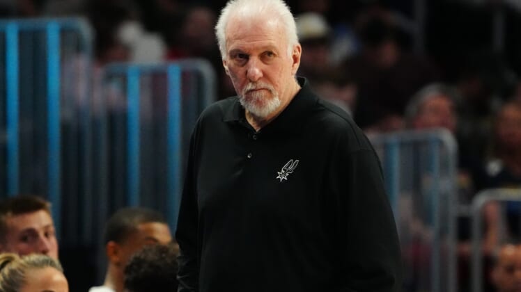Apr 5, 2022; Denver, Colorado, USA; San Antonio Spurs head coach Gregg Popovich during the second half against the Denver Nuggets at Ball Arena. Mandatory Credit: Ron Chenoy-USA TODAY Sports