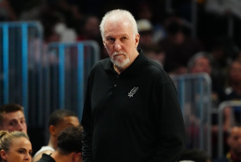 Apr 5, 2022; Denver, Colorado, USA; San Antonio Spurs head coach Gregg Popovich during the second half against the Denver Nuggets at Ball Arena. Mandatory Credit: Ron Chenoy-USA TODAY Sports