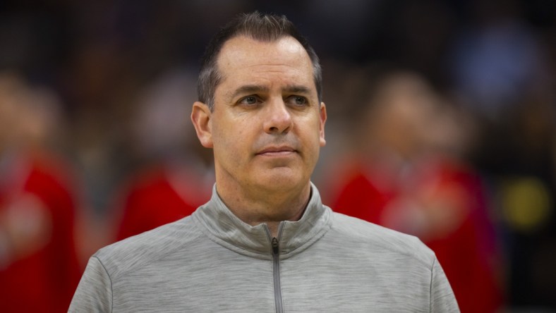 Apr 5, 2022; Phoenix, Arizona, USA; Los Angeles Lakers head coach Frank Vogel against the Phoenix Suns at Footprint Center. Mandatory Credit: Mark J. Rebilas-USA TODAY Sports