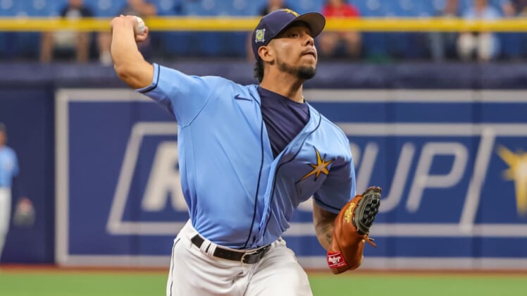 Apr 6, 2022; St. Petersburg, Florida, USA; Tampa Bay Rays starting pitcher Luis Patino (61) throws against the Philadelphia Phillies in the first inning during spring training at Tropicana Field. Mandatory Credit: Mike Watters-USA TODAY Sports