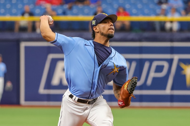 Apr 6, 2022; St. Petersburg, Florida, USA; Tampa Bay Rays starting pitcher Luis Patino (61) throws against the Philadelphia Phillies in the first inning during spring training at Tropicana Field. Mandatory Credit: Mike Watters-USA TODAY Sports