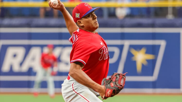 Apr 6, 2022; St. Petersburg, Florida, USA; Philadelphia Phillies relief pitcher Ranger Suarez (55) throws against the Tampa Bay Rays in the first inning during spring training at Tropicana Field. Mandatory Credit: Mike Watters-USA TODAY Sports