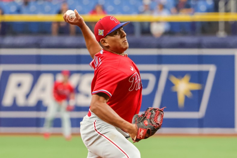 Apr 6, 2022; St. Petersburg, Florida, USA; Philadelphia Phillies relief pitcher Ranger Suarez (55) throws against the Tampa Bay Rays in the first inning during spring training at Tropicana Field. Mandatory Credit: Mike Watters-USA TODAY Sports