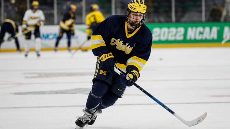 Michigan forward Thomas Bordeleau during a practice as the Wolverines prepare for a Frozen Four matchup against Denver at TD Garden in Boston on Wednesday, April 6, 2022.