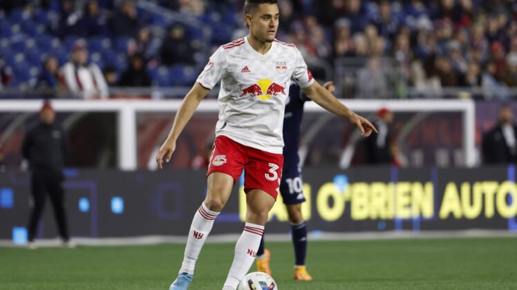 Apr 2, 2022; Foxborough, Massachusetts, USA; New York Red Bulls midfielder Aaron Long (33) during the first half against the New England Revolution at Gillette Stadium. Mandatory Credit: Winslow Townson-USA TODAY Sports