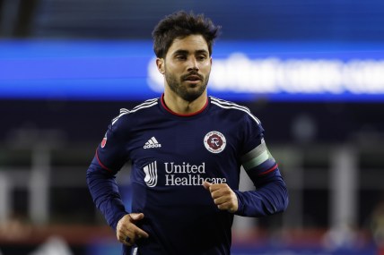 Apr 2, 2022; Foxborough, Massachusetts, USA; New England Revolution midfielder Carles Gil (10) during the first half against the New York Red Bulls at Gillette Stadium. Mandatory Credit: Winslow Townson-USA TODAY Sports