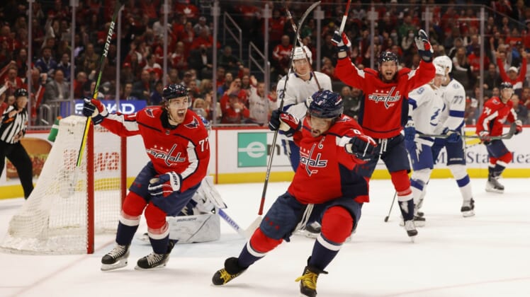 Apr 6, 2022; Washington, District of Columbia, USA; Washington Capitals left wing Alex Ovechkin (8) celebrates after scoring a goal against the Tampa Bay Lightning in the first period at Capital One Arena. Mandatory Credit: Geoff Burke-USA TODAY Sports