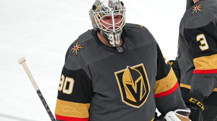 Apr 6, 2022; Las Vegas, Nevada, USA; Vegas Golden Knights goaltender Robin Lehner (90) leaves the ice after the Golden Knights were defeated by the Vancouver Canucks 5-1 at T-Mobile Arena. Mandatory Credit: Stephen R. Sylvanie-USA TODAY Sports