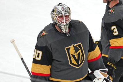 Apr 6, 2022; Las Vegas, Nevada, USA; Vegas Golden Knights goaltender Robin Lehner (90) leaves the ice after the Golden Knights were defeated by the Vancouver Canucks 5-1 at T-Mobile Arena. Mandatory Credit: Stephen R. Sylvanie-USA TODAY Sports