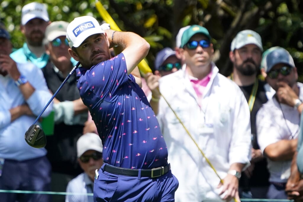 Apr 7, 2022; Augusta, Georgia, USA; Louis Oosthuizen tees off on no. 7 during the first round of The Masters golf tournament at Augusta National Golf Club. Mandatory Credit: Danielle Parhizkaran-Augusta Chronicle/USA TODAY Sports