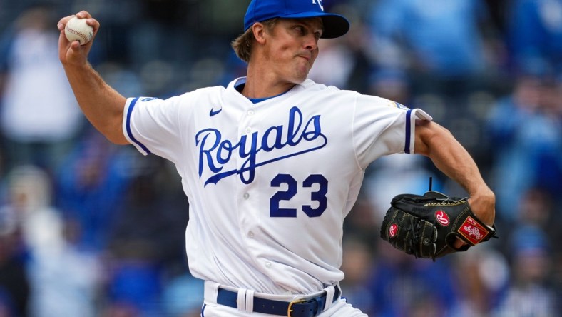 Apr 7, 2022; Kansas City, Missouri, USA; Kansas City Royals starting pitcher Zack Greinke (23) pitches during the first inning against the Cleveland Guardians at Kauffman Stadium. Mandatory Credit: Jay Biggerstaff-USA TODAY Sports