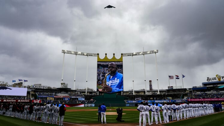 Apr 7, 2022; Kansas City, Missouri, USA; A B-2 Stealth Bomber flys over during the national anthem before the game between the Cleveland Guardians and the Kansas City Royals at Kauffman Stadium. Mandatory Credit: Jay Biggerstaff-USA TODAY Sports