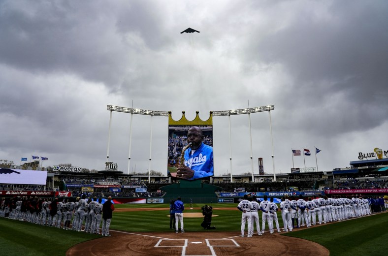 Apr 7, 2022; Kansas City, Missouri, USA; A B-2 Stealth Bomber flys over during the national anthem before the game between the Cleveland Guardians and the Kansas City Royals at Kauffman Stadium. Mandatory Credit: Jay Biggerstaff-USA TODAY Sports