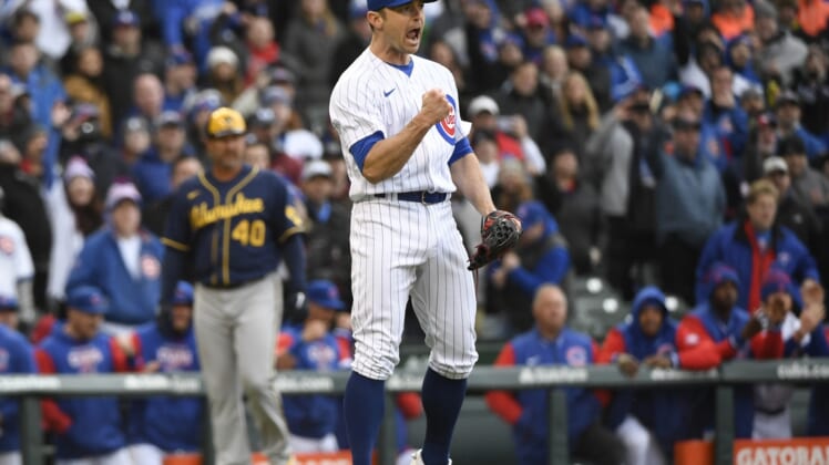 Apr 7, 2022; Chicago, Illinois, USA;  Chicago Cubs relief pitcher David Robertson (37) reacts at the end of the game against the Milwaukee Brewers at Wrigley Field. Mandatory Credit: Matt Marton-USA TODAY Sports
