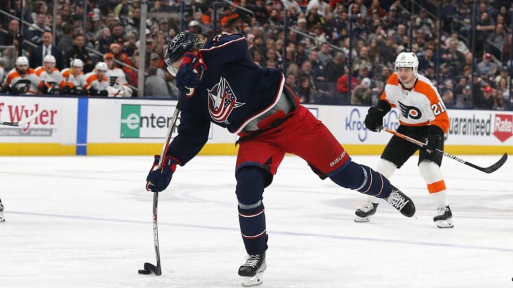 Apr 7, 2022; Columbus, Ohio, USA; Columbus Blue Jackets right wing Patrik Laine (29) makes a shot on goal against the Philadelphia Flyers during the second period at Nationwide Arena. Mandatory Credit: Russell LaBounty-USA TODAY Sports