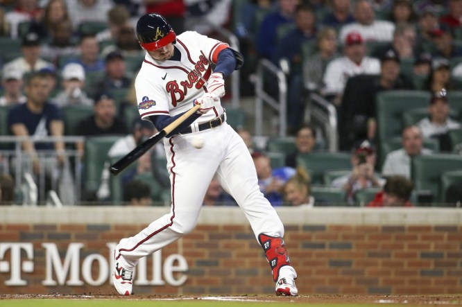 Joey Votto Hit Single Baseball off Max Fried - April 7, 2022 - Opening Day  at Truist Park