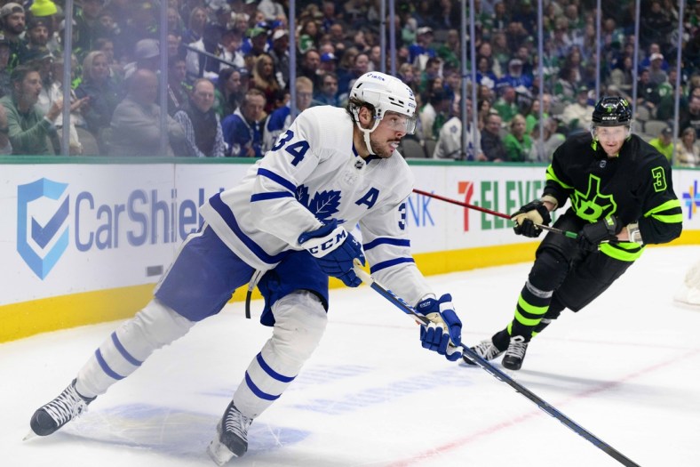 Apr 7, 2022; Dallas, Texas, USA; Toronto Maple Leafs center Auston Matthews (34) skates against the Dallas Stars during the first period at the American Airlines Center. Mandatory Credit: Jerome Miron-USA TODAY Sports