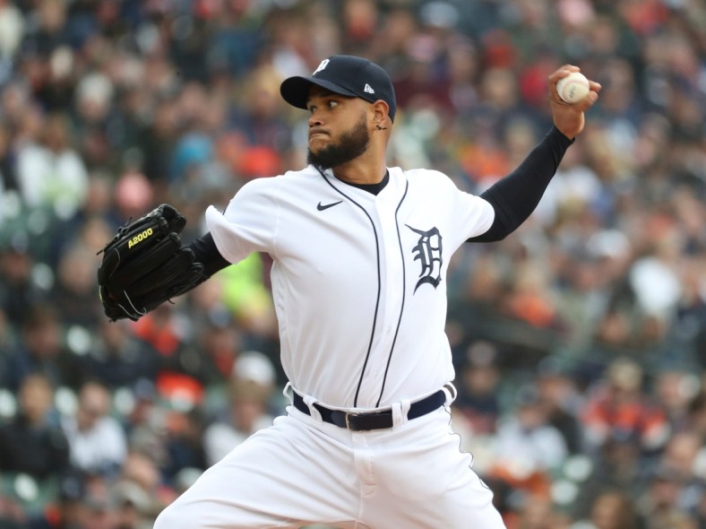 Tigers pitcher Eduardo Rodriguez throws against the White Sox during the first inning on Friday, April 8, 2022, at Comerica Park.

Tigers Chiwht
