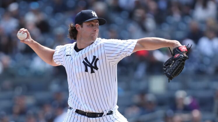 Yankee's Gerrit Cole in pitching against the Red Sox during opening day action at Yankee Stadium April 8, 2022.Yankees Opening Day