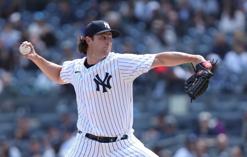 Yankee's Gerrit Cole in pitching against the Red Sox during opening day action at Yankee Stadium April 8, 2022.

Yankees Opening Day